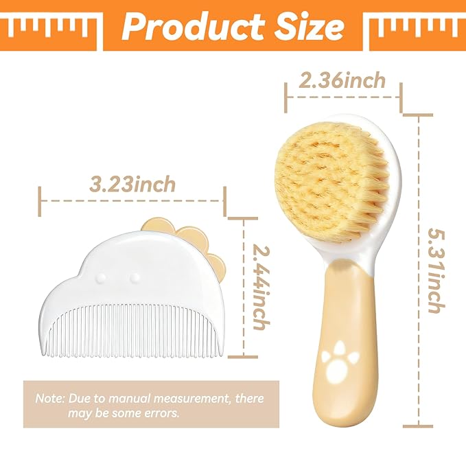 Baby Hair Brush and Comb Set, Soft Bristles Cradle Cap Brush for Newborns, Toddlers, Baby Registry Gift (Camel)