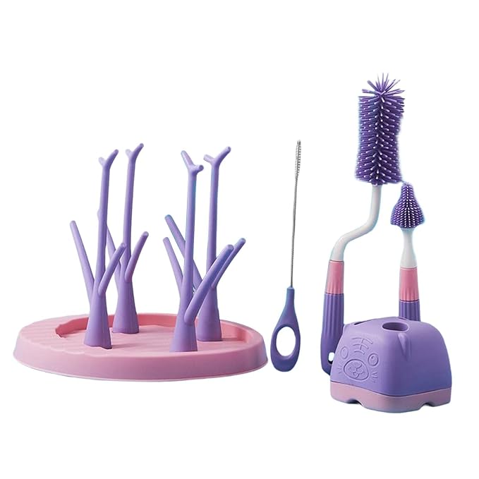 Baby Bottle Drying Rack with Bottle Brush Set, Baby Bottle Holder Baby Bottle Rack and Baby Bottle Brush Cleaner, Violet