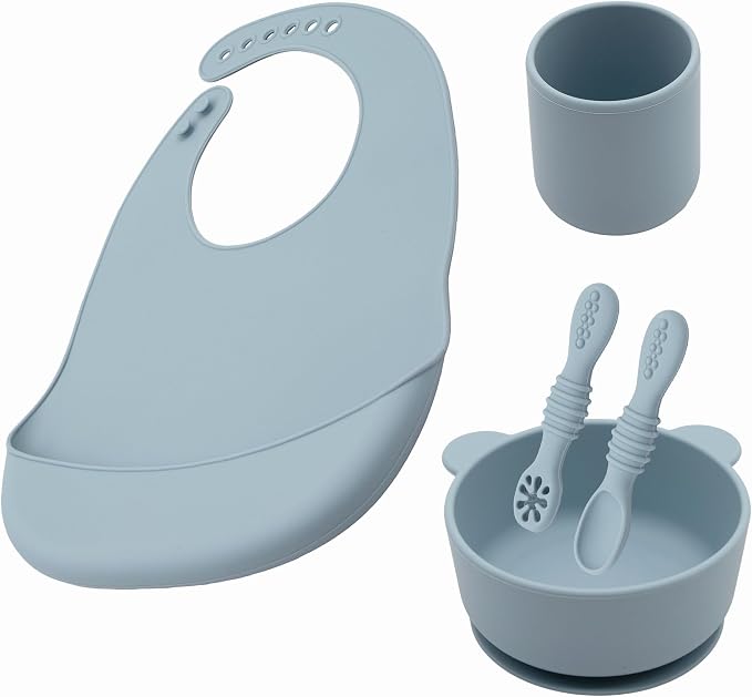 BabyX Silicone Baby Starter Kit, 5 Pieces First Feeding Set, Including Training Spoon, Fork, Cup, Bib and Bear Shaped Bowl (Blue), BPA-Free, Baby Utensils Supplies, Microwave/Dishwasher Safe