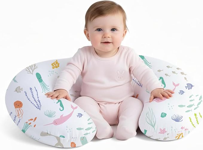Little Grape Land Nursing Pillow for Breastfeeding, Ergonomic Feeding Pillow with Removable Cover, Baby Feeding Pillow with Hidden Zipper Guard and Supportive Breathable Filling, Ocean, Original