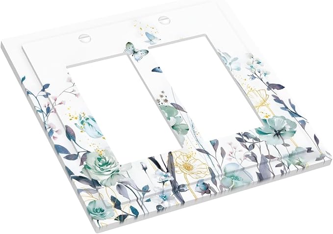 Romantic Floral Butterfly Leaf Flower Golden Pollen Decorative Outlet Covers 2 Gang Double GFCI Rocker Electrical Wall Panels Light Switch Cover Plate for Bedroom Living Room Decor