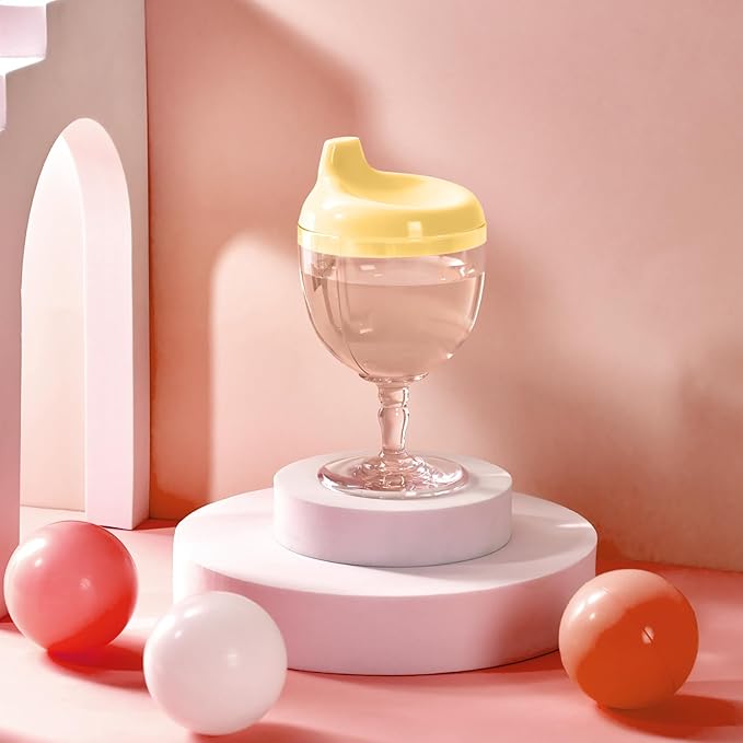 Irenare 1 Pcs Baby Wine Sippy Cup Plastic Goblet Cup No Spill Toddler Sippy Goblet Beverage Milk Water Bottle for Kids Holiday Birthday Party Funny Gift (Goblet Style,Yellow)