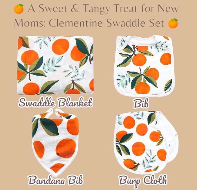 Muslin Swaddle Blanket Set for Baby – 4-Piece Newborn Essentials with Swaddle, Burp Cloth & Bibs, Soft Breathable Receiving Blanket | Clementine