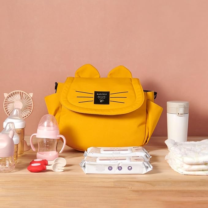 SUNVENO Kitty Stroller Organizer Bag ??Universal Baby Stroller Caddy with 2 Cup Holders, Adjustable Straps, Waterproof Oxford, Lightweight Travel Accessory for Strollers, Prams & Pushchairs,Yellow