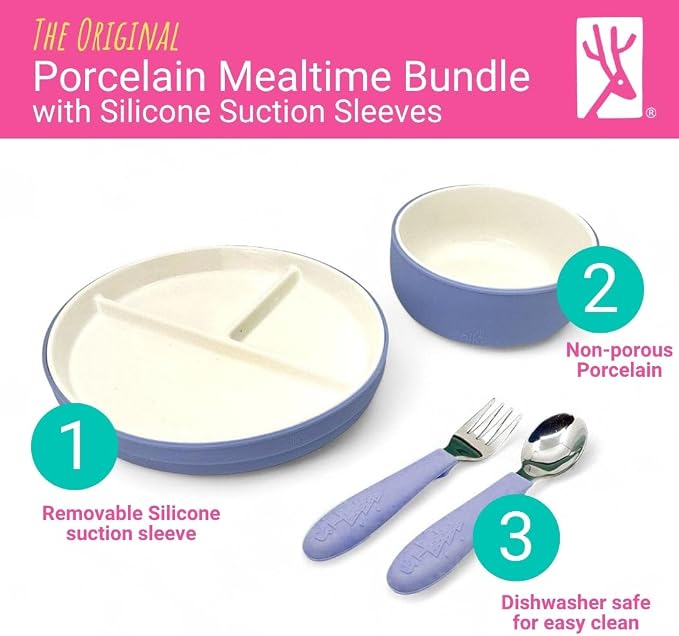 Elk and Friends Kids Porcelain Mealtime Bundle with Suction Sleeves | Plates, Bowls + Toddler Utensils | Silicone Sleeves | For Meals + Snacks | Microwave + Dishwasher Safe