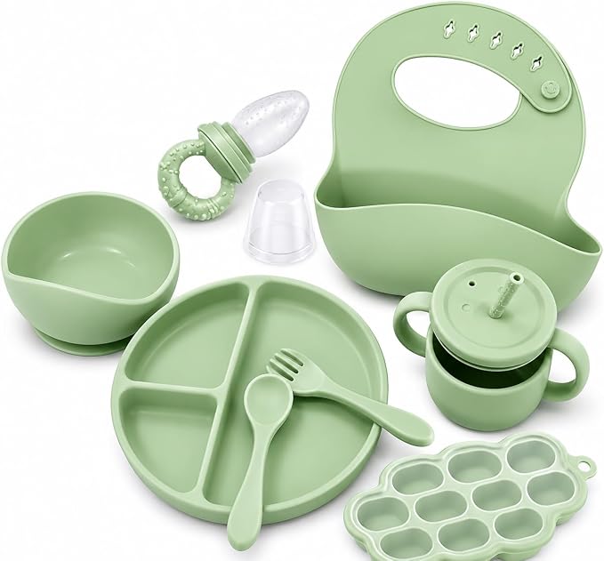 8 PCS Baby Feeding Set - Suction Plate, Bowl, Bib, Spoon, Fork, Fruit Feeder & Food Freezer Tray for Babies.