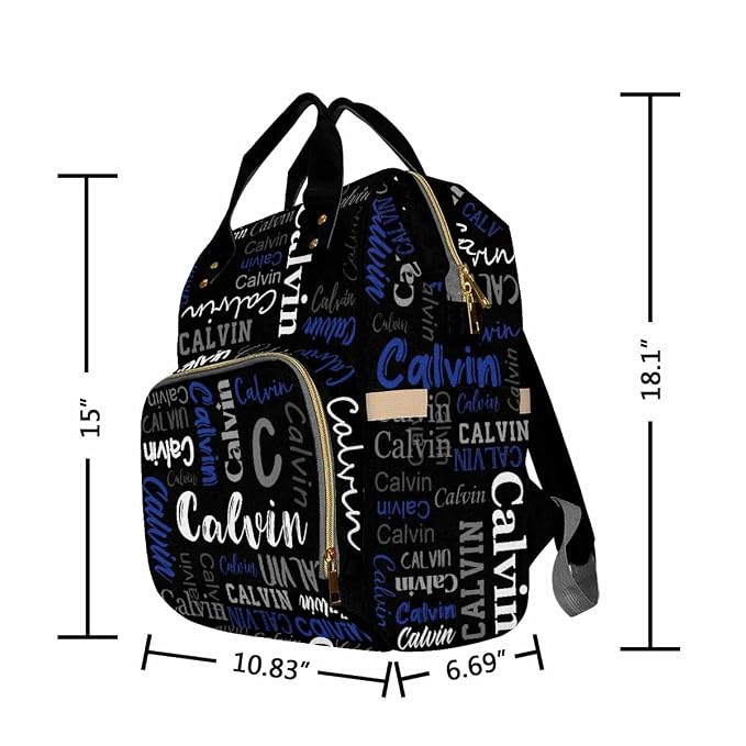 InterestPrint Custom Name Diaper Bag Customized Funny Font Black Mommy Nappy Bag Personalized Nursing Bags with Name Shoulders Bag Laptop Backpack Casual Daypack Travel Bag for Mom Mother Men