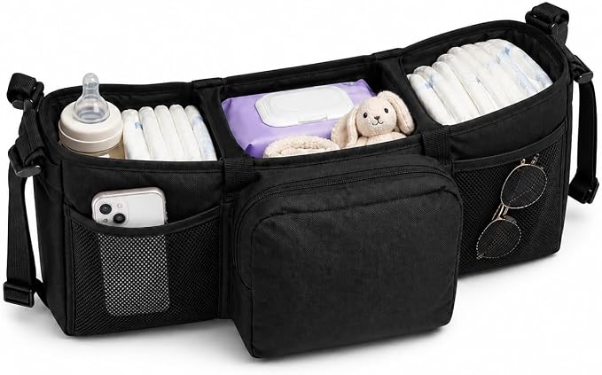 Double Stroller Organizer for Bob Duallie Baby Jogger City Mini GT2 Jeep,Adjustable Straps Universal Caddy Organizer with Cup Holders, Large Storage Accessory Bag