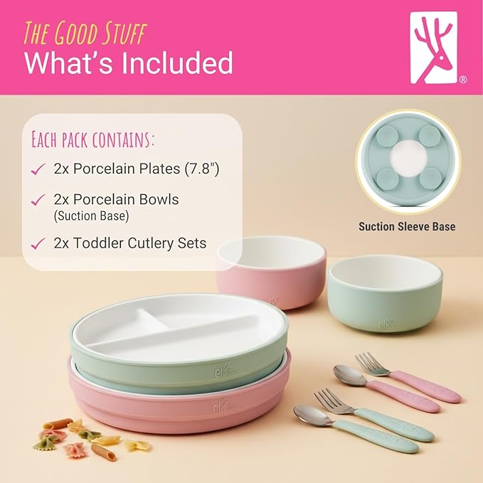 Elk and Friends Kids Porcelain Mealtime Bundle with Suction Sleeves | Plates, Bowls + Toddler Utensils | Silicone Sleeves | For Meals + Snacks | Microwave + Dishwasher Safe