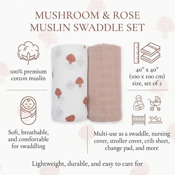 Lulujo Baby Swaddle Blankets | Unisex Softest Breathable Cotton Muslin Swaddle Blanket Set | Neutral Receiving Blanket for Girls & Boys | 40in x 40in | Mushroom & Sand | 2-Count
