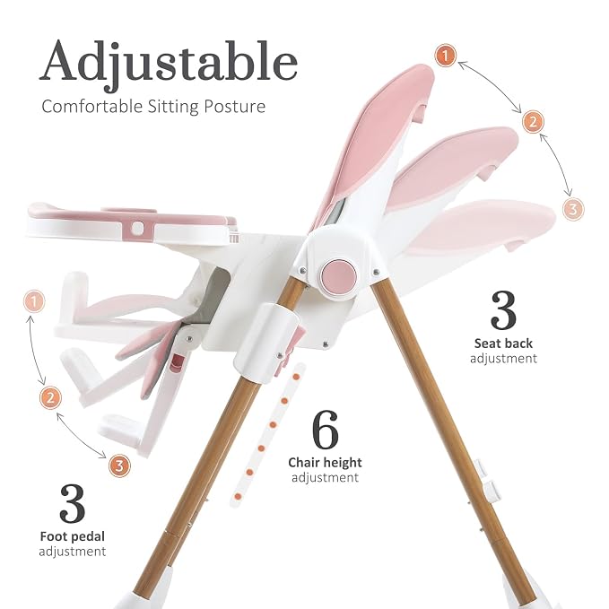 Mallify Foldable High Chairs for Babies and Toddlers, 3-in-1 Convertible Baby High Chair with Removable Soft Cushion and Tray, Adjustable Height & Recline, Lockable Wheels, Pink