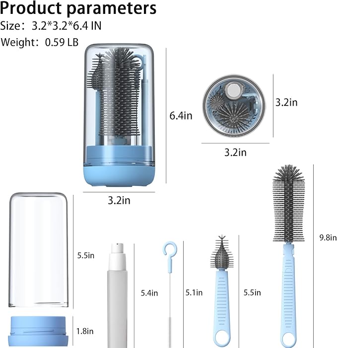 Travel Bottle Cleaner Kit, Silicone Baby Bottle Brush Set with Bottle Brush, Drying Rack, Nipple Brush,Straw Brush,Soap Dispenser, Portable Baby Bottle Brush Cleaner for Home and Travel,Blue
