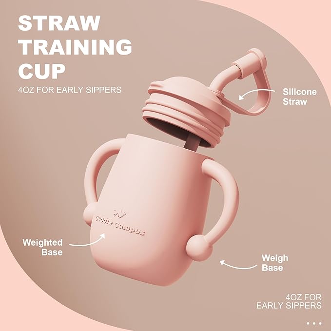 Cuddle Campus Pack of 2 Silicone Baby Training Cup, Shatterproof Toddler Sippy Cups with Straw, Open Cup for Baby, 6+ Months 5 Oz