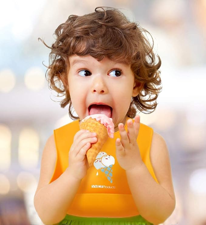 2-Pack Waterproof Silicone Baby Bib Lightweight Comfortable Easy-Wipe Clean (Orange/Yellow, Small)