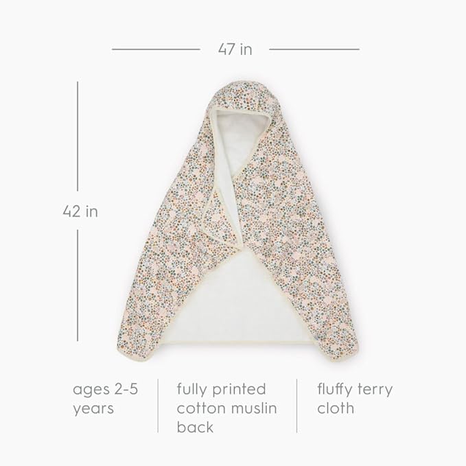Little Unicorn Hooded Bath Towel | Absorbent Cotton & Terry Blend | Larger Size for Baby & Toddlers, 1-6 Years (Pressed Petals)