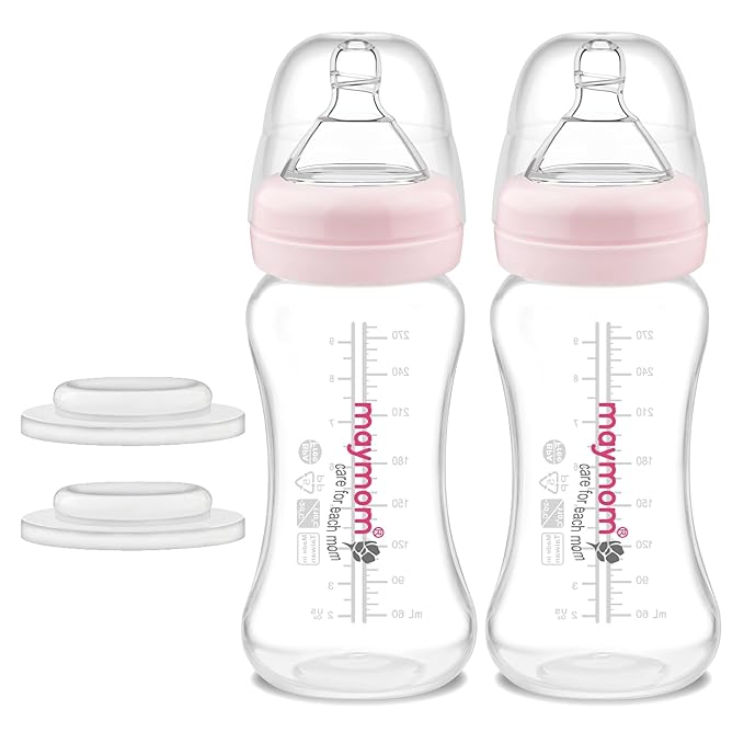 Maymom Wide-Mouth Milk Collection Storage and Feeding Bottle with Nipple, Pink Screw Ring, Dome Cap, Bottle Top, SureSeal Sealing Disk; Compatible with Spectra Pump/Motif Luna; 2 pc (9Oz/280mL)