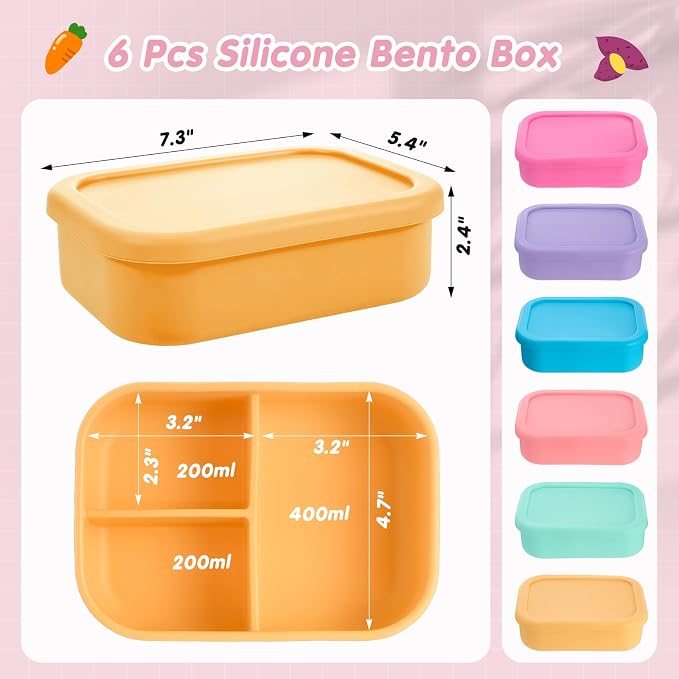 Layhit 6 Pcs Silicone Bento Box for Adults, 27 oz Bento Lunch Container Reusable Food Container for Women Men, Leak Proof Microwave Dishwasher Freezer Safe (3 Compartments,Fluorescent Multicolor)