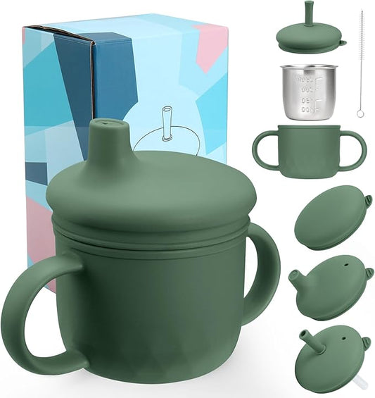 Mity rain Stainless Steel Sippy Cups for Toddlers1-3, Baby Straw Cups for 6+Month Old with Travel Lid, Silicone StrawReplacement Straw & Cleaning Brush-8oz Toddler Cups Spill Proof