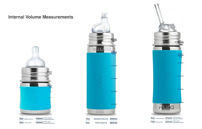 Pura Kiki 5oz/150ml Stainless Steel Anti-Colic Infant Bottle w/Silicone Natural Vent Nipple & Sleeve, 100% Plastic-Free, MadeSafe Certified, Medical-Grade Silicone - Aqua