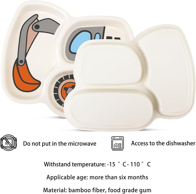 Kids Plate Set, Included Plate Fork and Spoon 3-Piece Set - Toddler Plates Dinnerware Dinner Dish Set Baby Feeding Divided Plate - Child Portion Control Dish Tray (Excavator Grey)