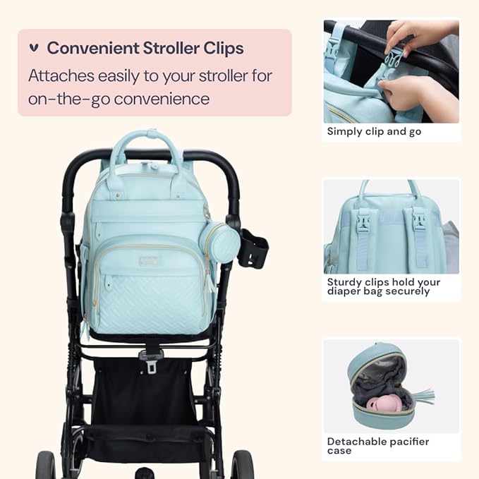 BabbleRoo Leather Diaper Bag Backpack - Baby Essentials Travel Baby Bag, Multi function, Water Resistant, with Changing Pad, Stroller Straps & Pacifier Case ??Unisex, Powder Blue