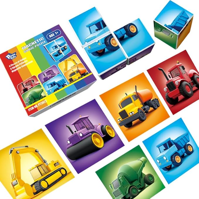 Pairez Toys Magnetic Cubes for Toddler, 1.65 inch Large Building Blocks Tiles, Construction Vehicles Puzzles Game for Toddlers, STEM Educational Learning Toys for Boys & Girls Ages 1 2 3