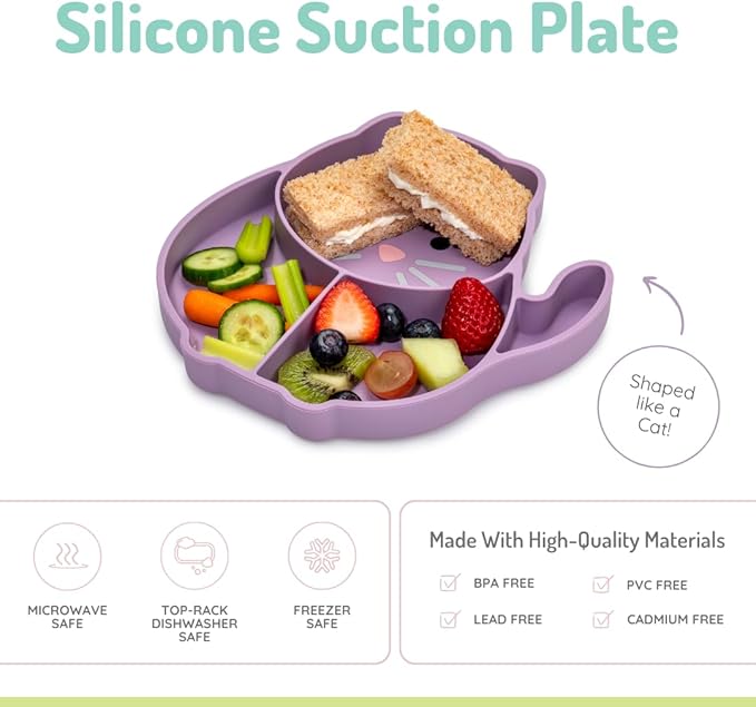 melii Silicone Suction Plate for Babies & Toddlers | Divided Baby Led Weaning Plate, BPA-Free, Non-Toxic, Dishwasher & Microwave Safe, Fits Most High Chairs, 6+ Months (Cat)