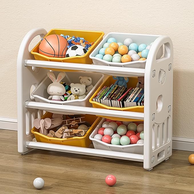 Kids Toy Organizer with 6 Storage Bins, Toy Organizer and Storage for Kids’ Toys, Children Toy Storage Organizer for Playroom, Kids Room, Nursery Room (Yellow)