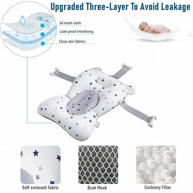 Stars Style Infant Baby Bath Cushion Bathtub Support Shower Seat Bather Foam Floating Soft Bath Pillow Bathtub Insert Tray Non-Slip Portable Newborn Shower Bath Mat for Baby 0-12 Months