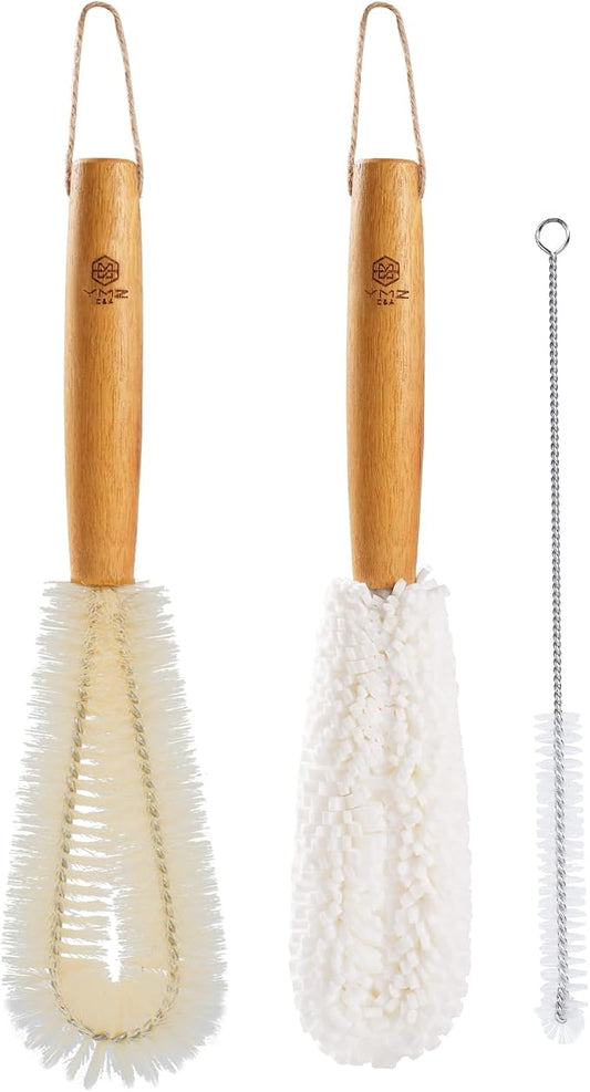 YMZ C&A Bottle Brush Cleaner Set-Teak Wood Handle for Glass Cups, Coffee Cups, Mugs, and Sport Bottles