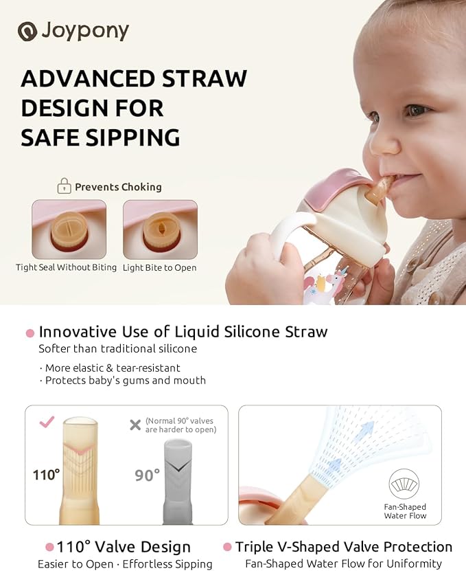 Joypony Baby Sippy Cups 6-12 Months, Spill Proof Weighted Straw Cup with Handle for Toddlers 1-3, 2 Pack, Total 4 Silicone Straws, PPSU, BPA Free, 6 oz (Pink)