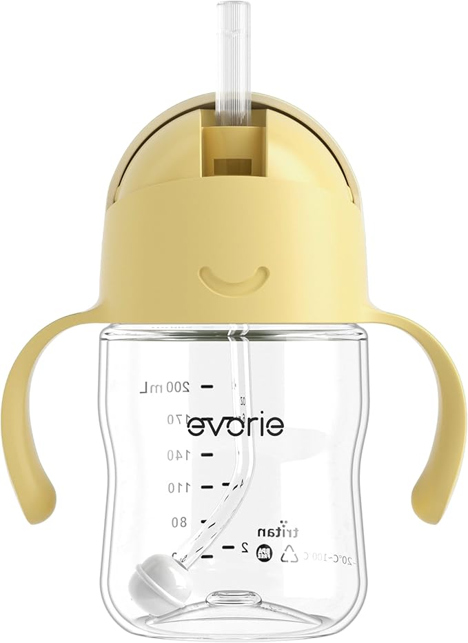 Evorie Tritan Weighted Straw Sippy Cup with Handles for Baby and Toddlers, Spill Proof Baby Water Bottle with Straw for 6 months and up, 7 Oz, Infant Training Water Bottle (Lemon Yellow)