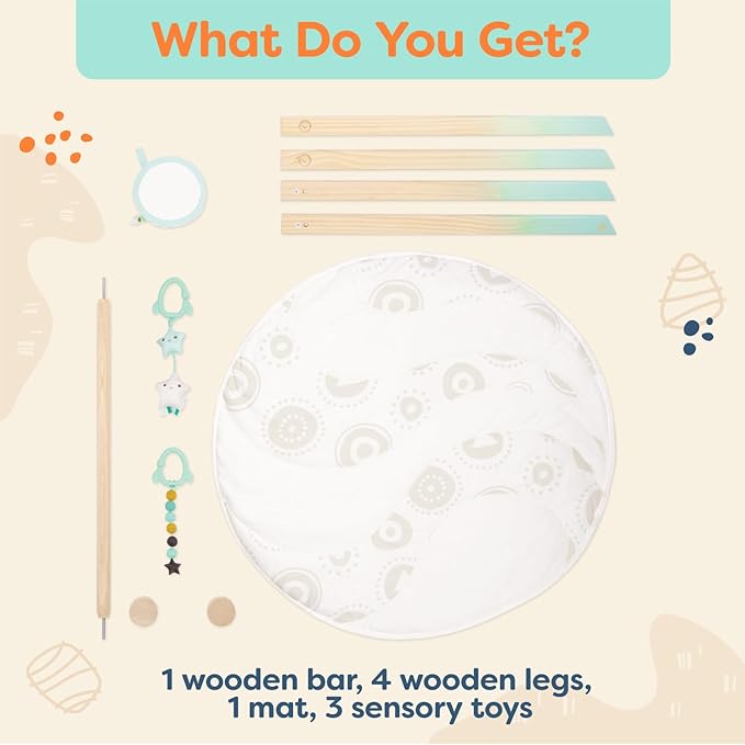 B. toys ??Wooden Baby Play Gym ??Activity Mat ??Starry Sky ??3 Hanging Sensory Toys ??Natural Wood ??Babies, Infants