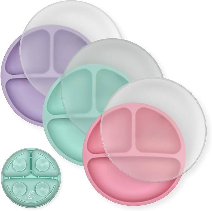 Hippypotamus Suction Plates with Lids for Babies & Toddlers - 100% Food-Grade Silicone - Microwave & Dishwasher Safe - Divided Dinnerware for Picky Eaters That Stays Put - Set of 3 (Pink)