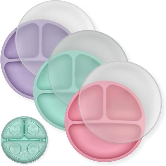 Hippypotamus Suction Plates with Lids for Babies & Toddlers - 100% Food-Grade Silicone - Microwave & Dishwasher Safe - Divided Dinnerware for Picky Eaters That Stays Put - Set of 3 (Pink)