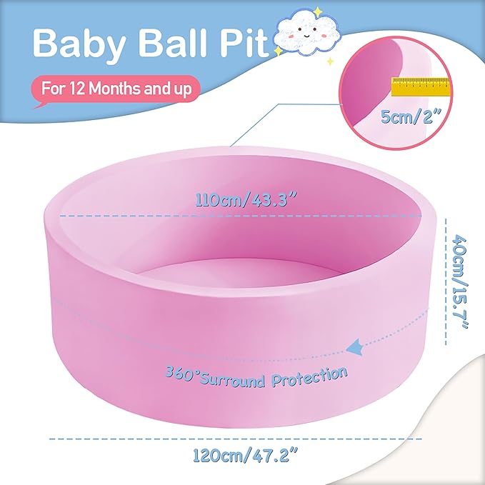 47.2" x 15.7" Foam Ball Pit for Toddlers, Baby Round Balls Pool for Babies 1-3, Kids Play Ball Pits for Boys and Girls, Balls Not Included, Pink