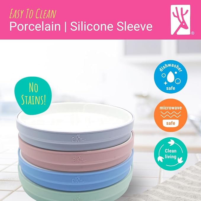 Elk and Friends Kids 7.8” Porcelain White Plates with Silicone Sleeves | Suitable for Babies/Toddlers | Microwave & Dishwasher Safe | Non Slip Dinnerware | Snack Dishes | 2 Pack