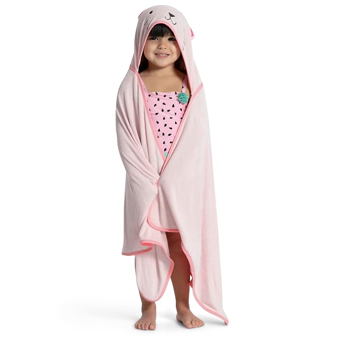 Delta Children Personalized Kids Hooded Bath Towel with Pockets - Super Soft and Absorbent- Great Gift for Boys and Girls, Pink Cat