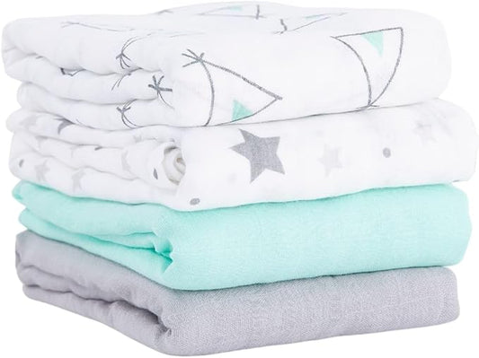 Muslin Swaddle Blankets for Baby Boys and Girls, 4-Pack Breathable and Skin-Friendly Receiving Blanket Wrap, Baby Essentials, Registry & Gift, 47 x 47 inches (Blue Contrast)
