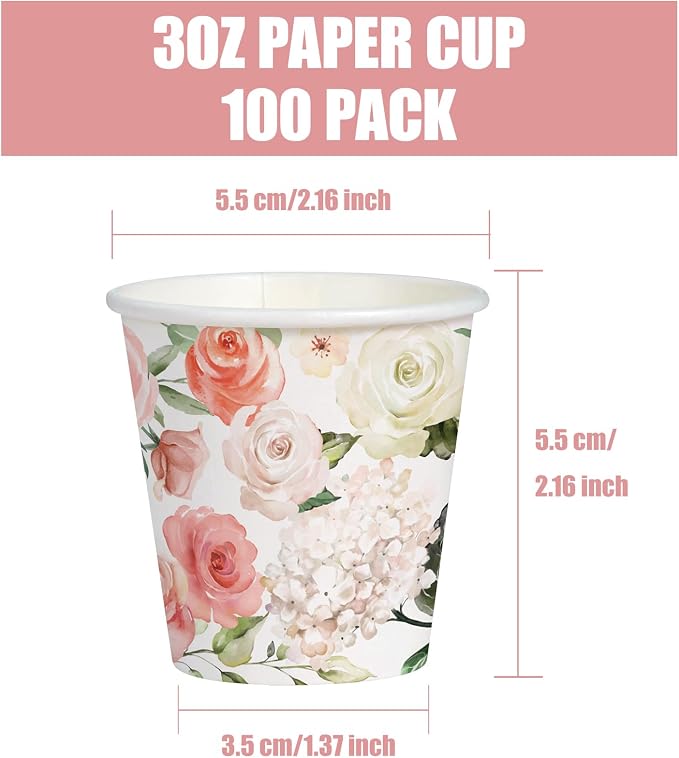 WRAPAHOLIC 3oz Flower Paper Cups - 100 Pack Disposable Bathroom Cups with Pink White Rose Floral Design, Small Mouthwash Cup for Toothbrush Rinse, Home Bathroom, Wedding and Mothers Day