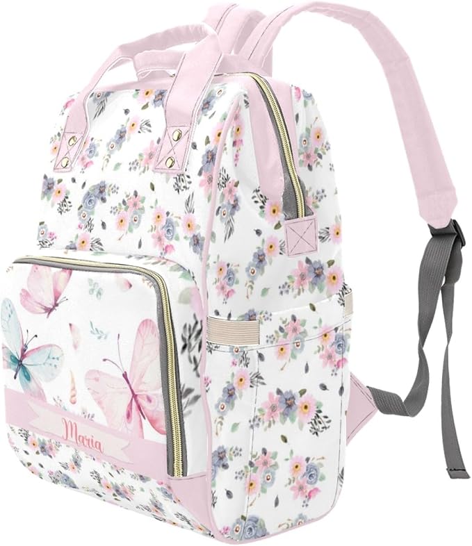 Custom Diaper Bag Backpack with Name Personalized Floral Butterfly Nappy Bag for Mommy Mother's Day Gift Customized Adjustable Shoulders Nursing Bag Daypack