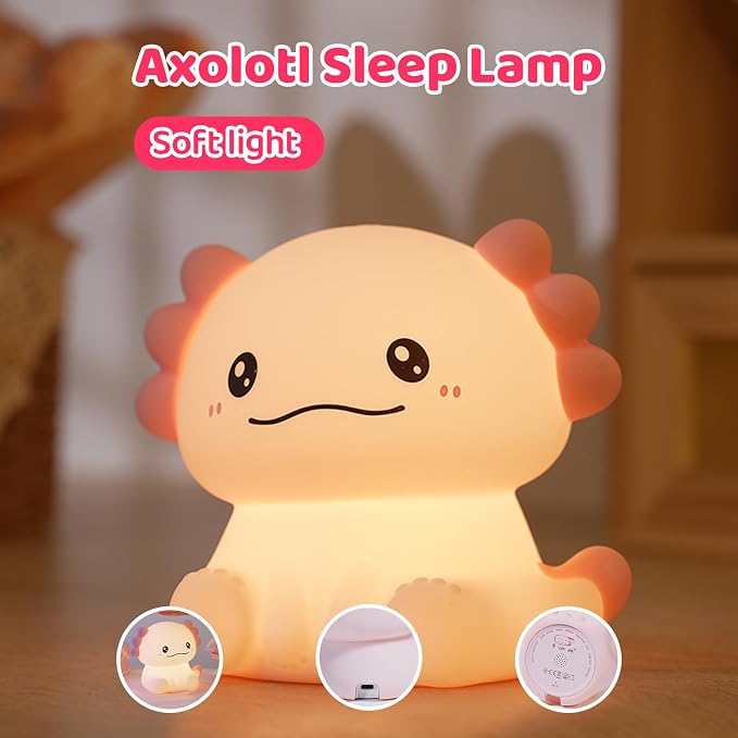 Axolotl LED Night Light, Silicone Touch Lamp for Bedroom with 7 Colors Timer and Dimmable 3-Level Squishy Warm Cute Night Lights, Rechargeable Animal Lamp for Bedroom Decor Birthday Gift
