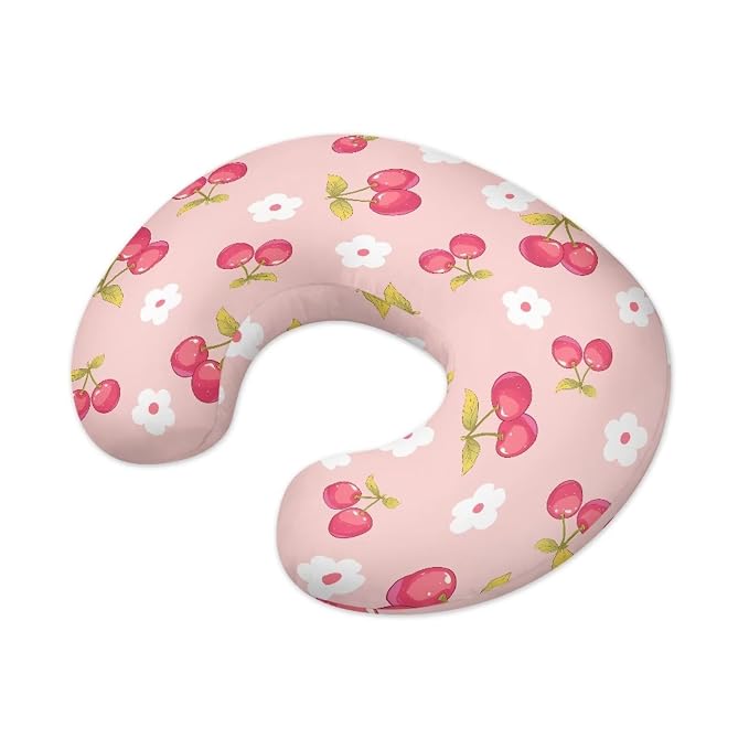 Pink Cherry and Floral Nursing Pillow Cover Slipcover for Breastfeeding Pillows, Soft and Stretchy Safely Breastfeeding Pillow Cover Easy to Clean