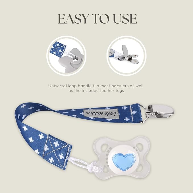 Dodo Babies Pacifier Clip & Teether Toy Set - Universal Pacifier Holder Loop - Silicone Teethers for Baby Teething Toys - 6 Piece Set, Blue & Gray