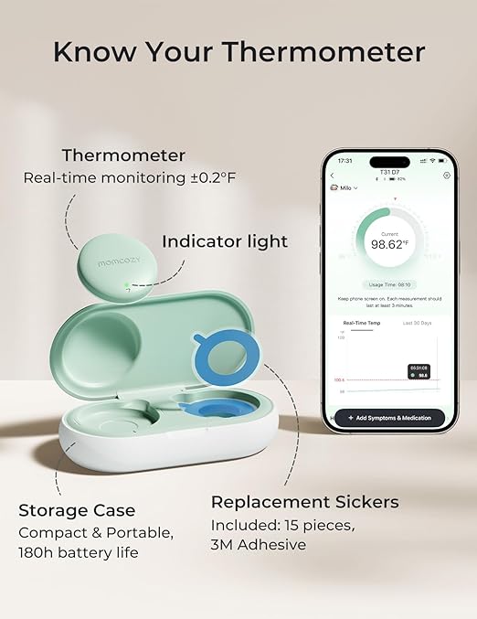 Momcozy Wearable Digital Thermometer for Baby, Medical-Grade Accurate Smart Thermometer, Instant Reads, APP Real-time Monitoring for Infants & Kids, Hypoallergenic 3M Stiker,Bluetooth, Green