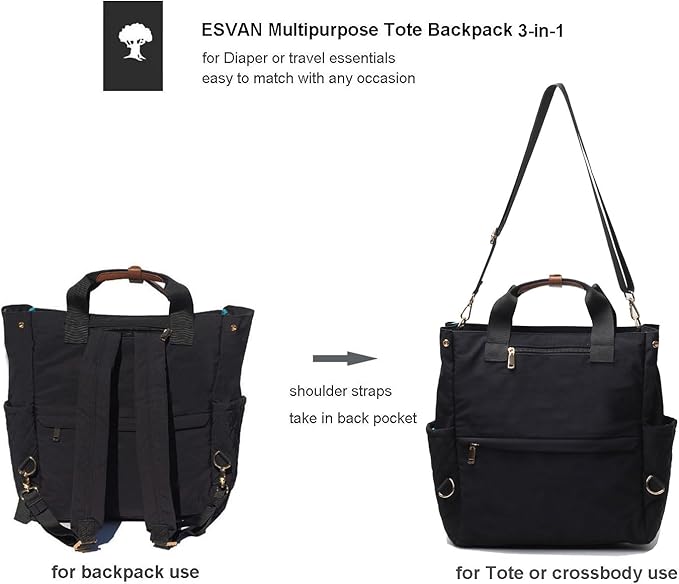 ESVAN Diaper Tote Bag Totepack Backpack Crossbody Bag 3 in 1 for Women Laptop Backpack Multifunctional with Insulated Pockets