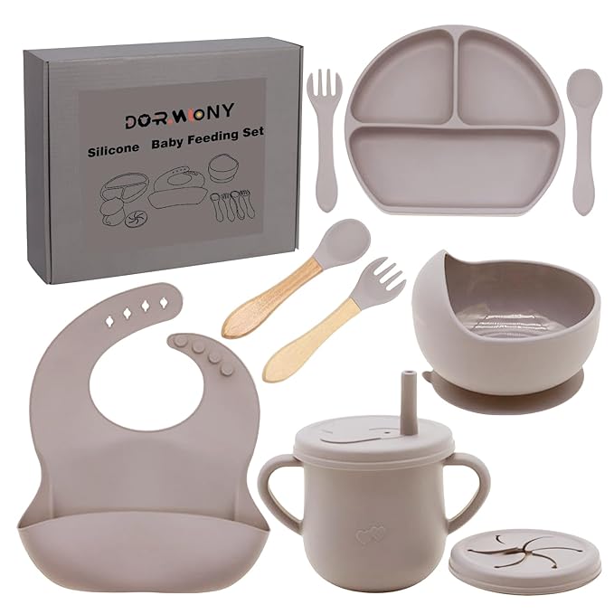 100% Silicone Baby Feeding Set, BPA Free, 9 Pcs: Suction Bowl, Divided Plate, Toddler Self Feeding Dish Set with Spoons, Forks, Sippy Cup, Bib, Beige