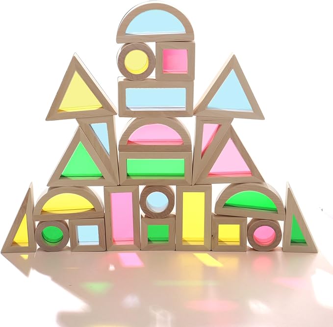 Dinhon 24-Piece Acrylic Montessori Blocks for Toddlers 18+ Months -Rainbow Stacking Toy, Non-Toxic Wooden Framed Geometric Blocks for Early STEM Learning & Sensory Play, Ideal Gift for Boys/Girls