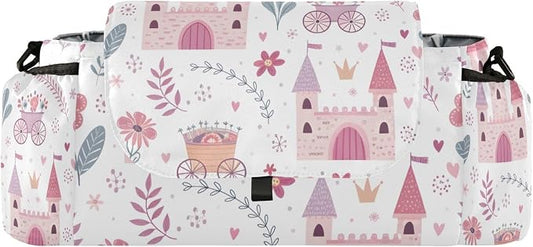 Baby Stroller Bag Princess Castle Pink Stroller Caddy Organizer Bag with Adjustable Straps Non-slip Hook Large Storage for Strollers