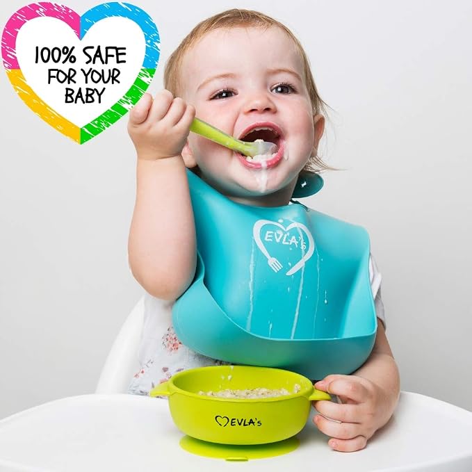 EVLA'S Baby Feeding Set, Baby Led Weaning Supplies, Adjustable Silicone Bibs, Divided Plate, Suction Bowl with Lid, Soft Spoons for Babies or Toddlers, Baby Registry must have!(Blue and Green)